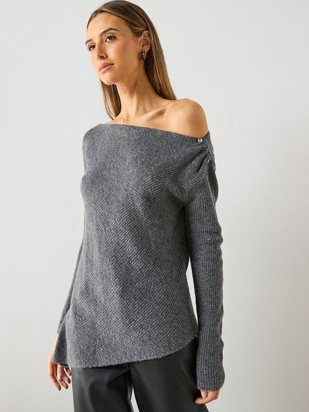 Mango Gray Off-the-Shoulder Sweater with Silver Accent
